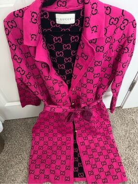 Gucci Hot Pink and Black GG Logo Knit Belted Cardigan